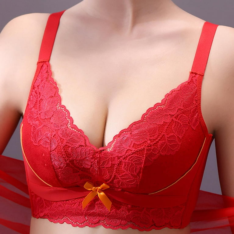 safuny Everyday Bra for Women Plus Size Ultra Light Lingerie Thin Lace Bow,  Full Cup, Gathered Breasts, No Sponge, Comfort Daily Brassiere Underwear  Push-Up Bra Red L 