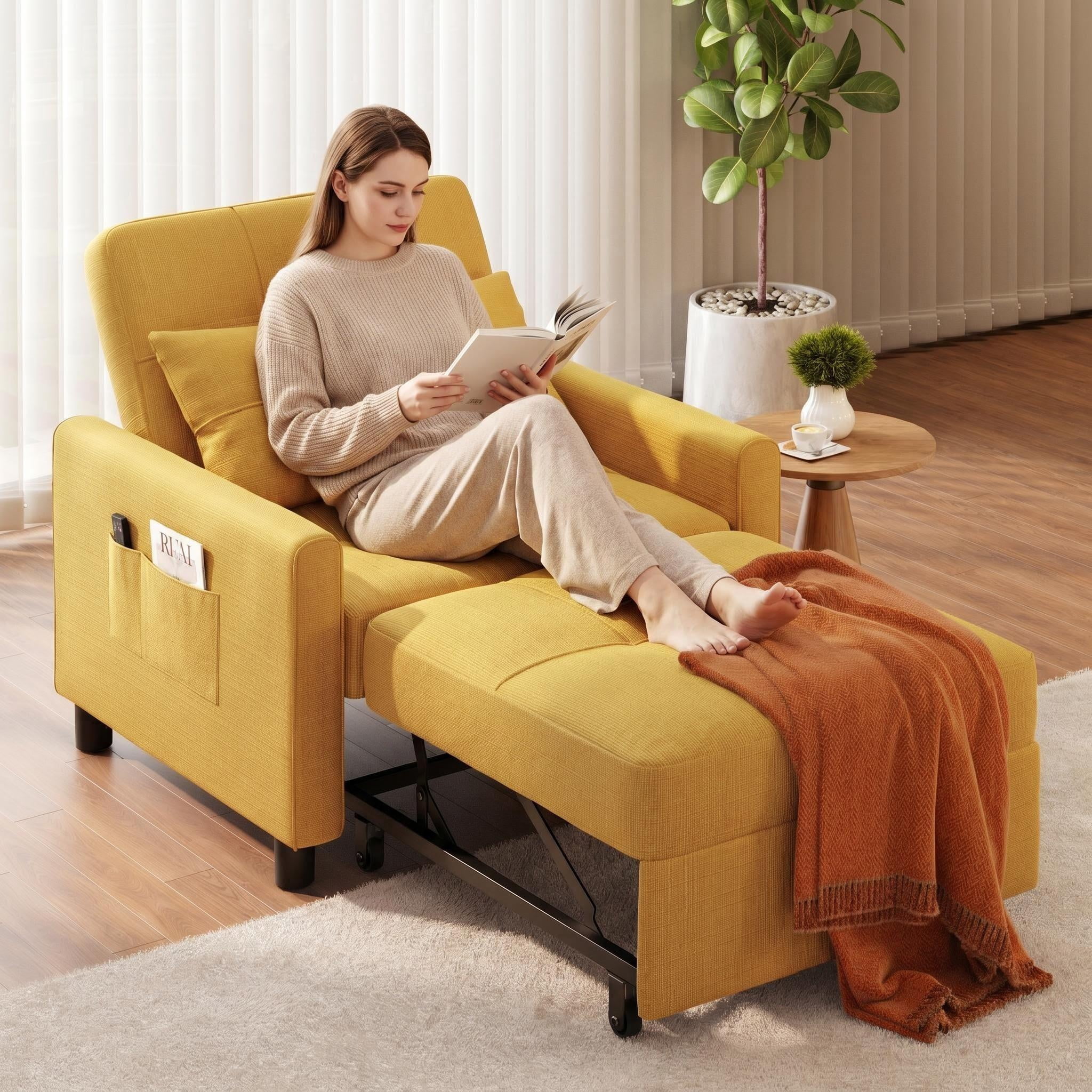 Sleeper Sofa, Lofka 3 in 1 Convertible Single Sofa Bed with Adjustable Backrest for Living Room, Bedroom, Yellow