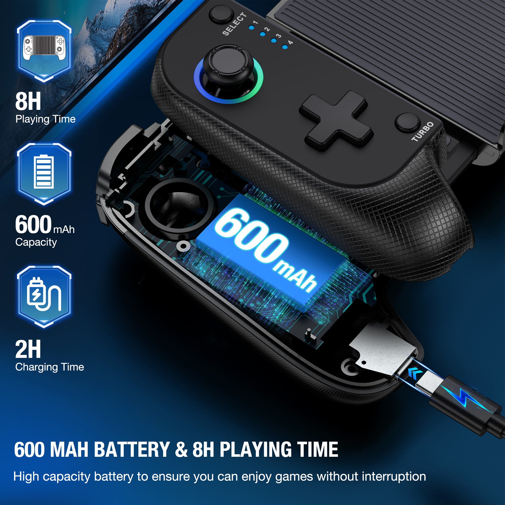Beboncool Controlador de Juegos Móvil Inalámbrico Extensible para iOS Android, Joystick de Efecto Hall, Luz RGB, Turbo, Doble Vibración, Batería de 8H 3