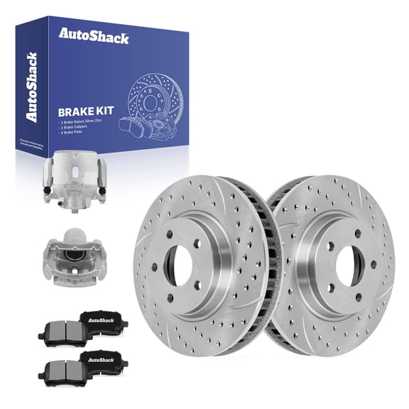AutoShack Front Vented Drilled & Slotted Silver Zinc Coated Brake Rotors   Ceramic Pads   Calipers 8-PC Brake Kit Replacement for 2004-2006 Chevrolet Malibu SilverShield Pro 11.65" (296 mm)