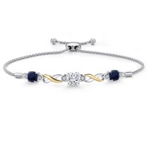 Gem Stone King 925 Silver and 10K Yellow Gold White Moissanite and Blue Sapphire and White Lab Grown Diamond Bracelet for Women | 2.59 Cttw | Gemstone | Cushion 6MM | Fully Adjustable 9 inch