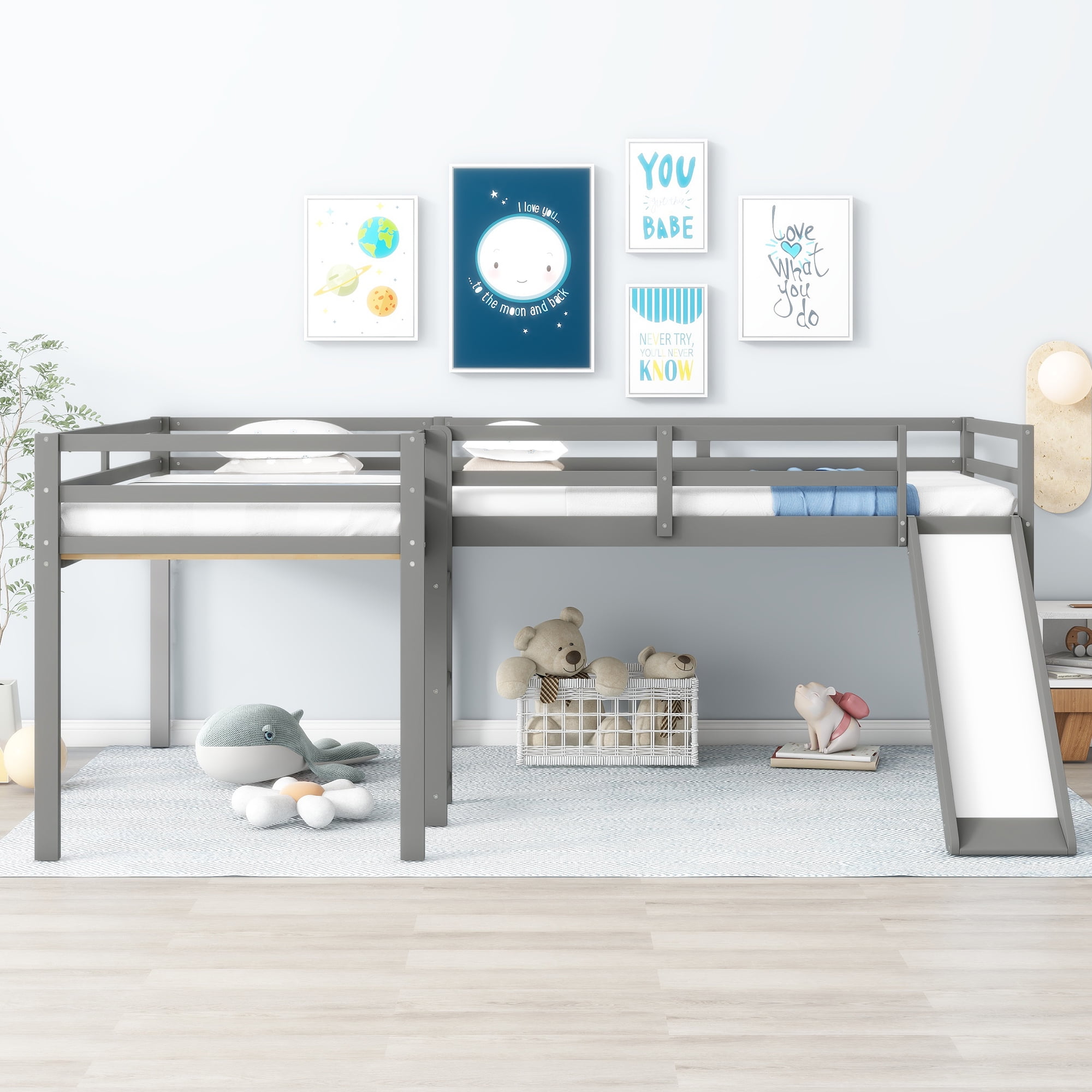 Euroco Twin L-Shaped Low Loft Bed with Movable Two-Tier Shelves for Kids Teens, Gray