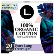 L. Ultra Thin Pads for Women, Organic Cotton Top Layer, Extra Long Overnight Absorbency, 20 Count