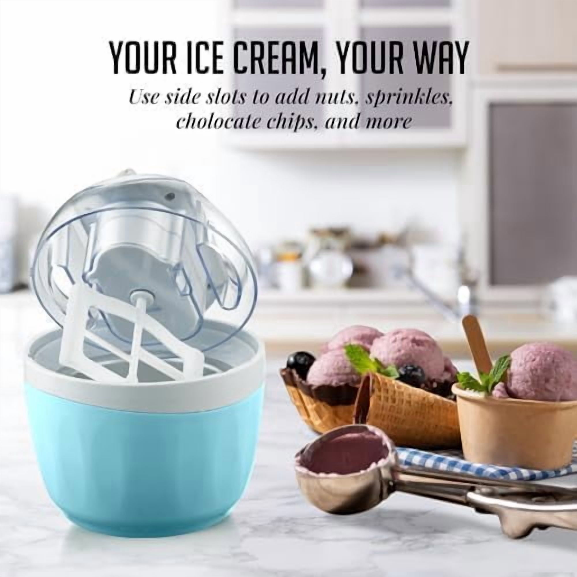 OVENTE Electric Ice Cream Maker, 1QT Freezer Bowl, 15W, Blue ICM110BL I For Healthy & Homemade Frozen Yogurt, Sorbet and Gelato, Mini Kitchen Appliance Ideal for Summer Desserts for Kids