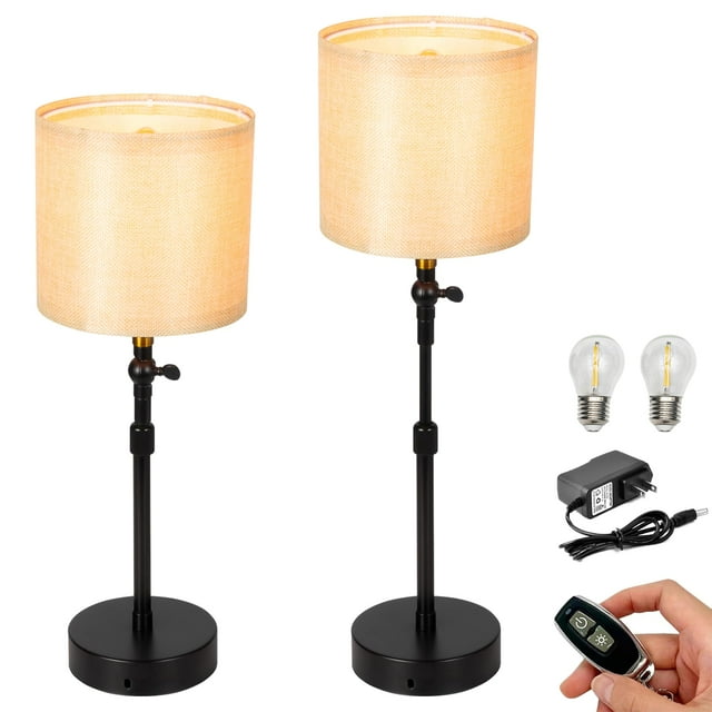 FSLiving Rechargeable Battery Operated LED Bedside Lamp by Remote RV Adjustable Telescoping Rod with Dimmer Socket Retro Portable Hallway Light Fixtures Book Light Drum Lampshade Woven Shade