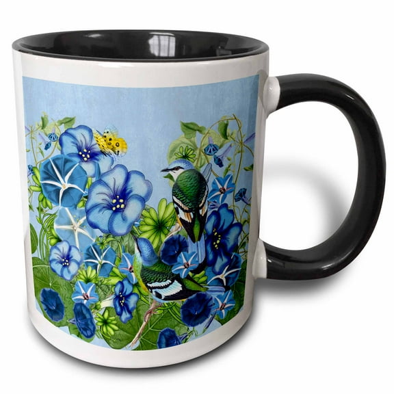 3drose, Morning Glory Garden September Birth Flower with Birds, Butterflies Perfect for September Birthday, 11oz Two-tone Black Mug