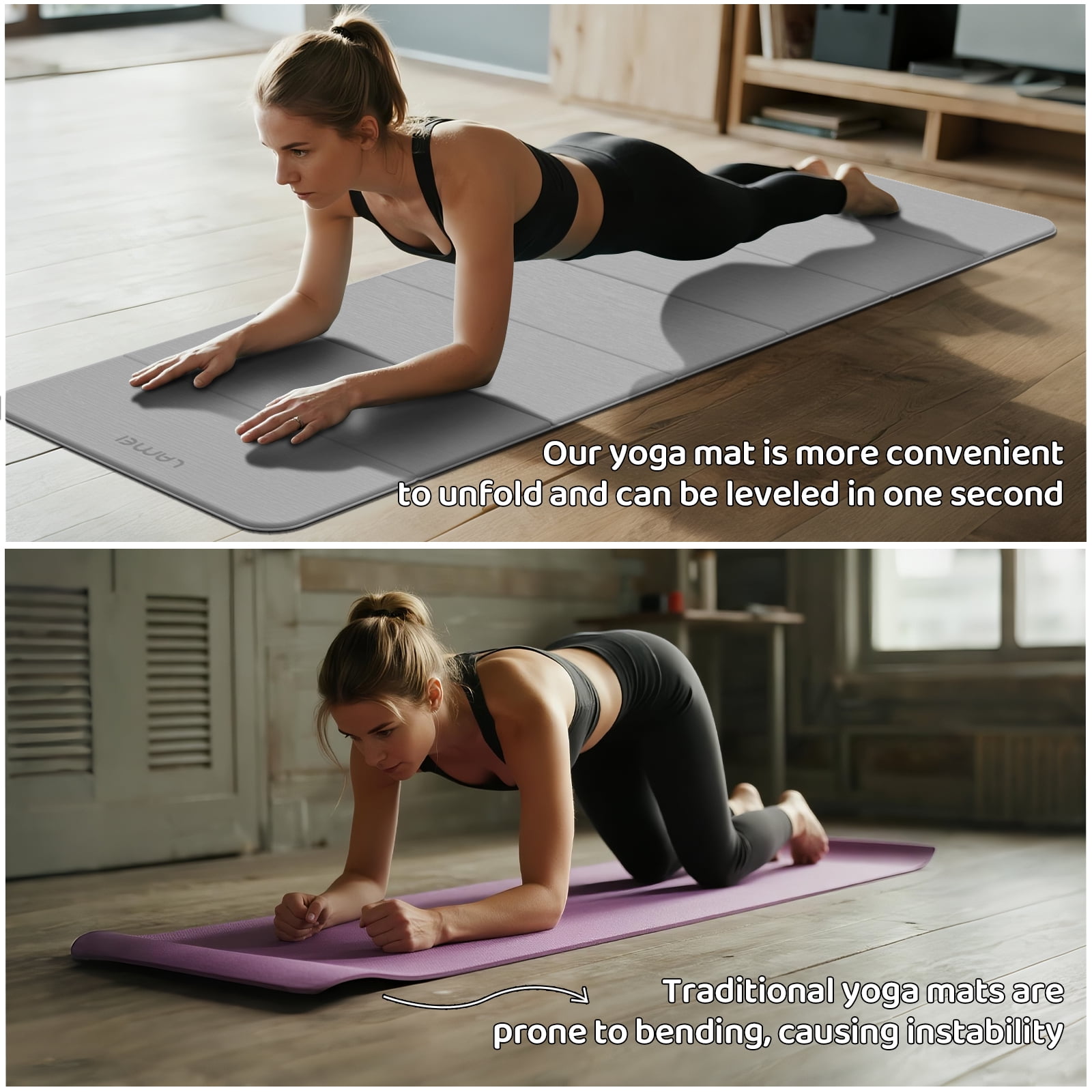 LAMEI 8mm Thick Foldable Yoga Mat - 3-in-1 Folding TPE Non-Slip Mat for All-Level Yoga, Tear-Resistant & Quick-Flat Design, 71x24in (Grey+Black)