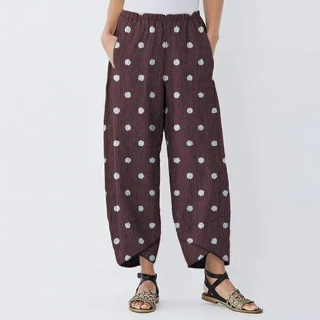 

Womens Cotton Linen Capri Pants Summer Elastic Waisted Casual Pants Wide Leg Loose Fit Comfy Pajama Beach Trousers CHMORA(Purple L)