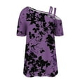 thumbnail image 4 of Off the Shoulder Tops for Women Summer Trendy Cross One Shoulder Floral Short Sleeve Shirts Casual Tunic Blouses (M, Purple), 4 of 5