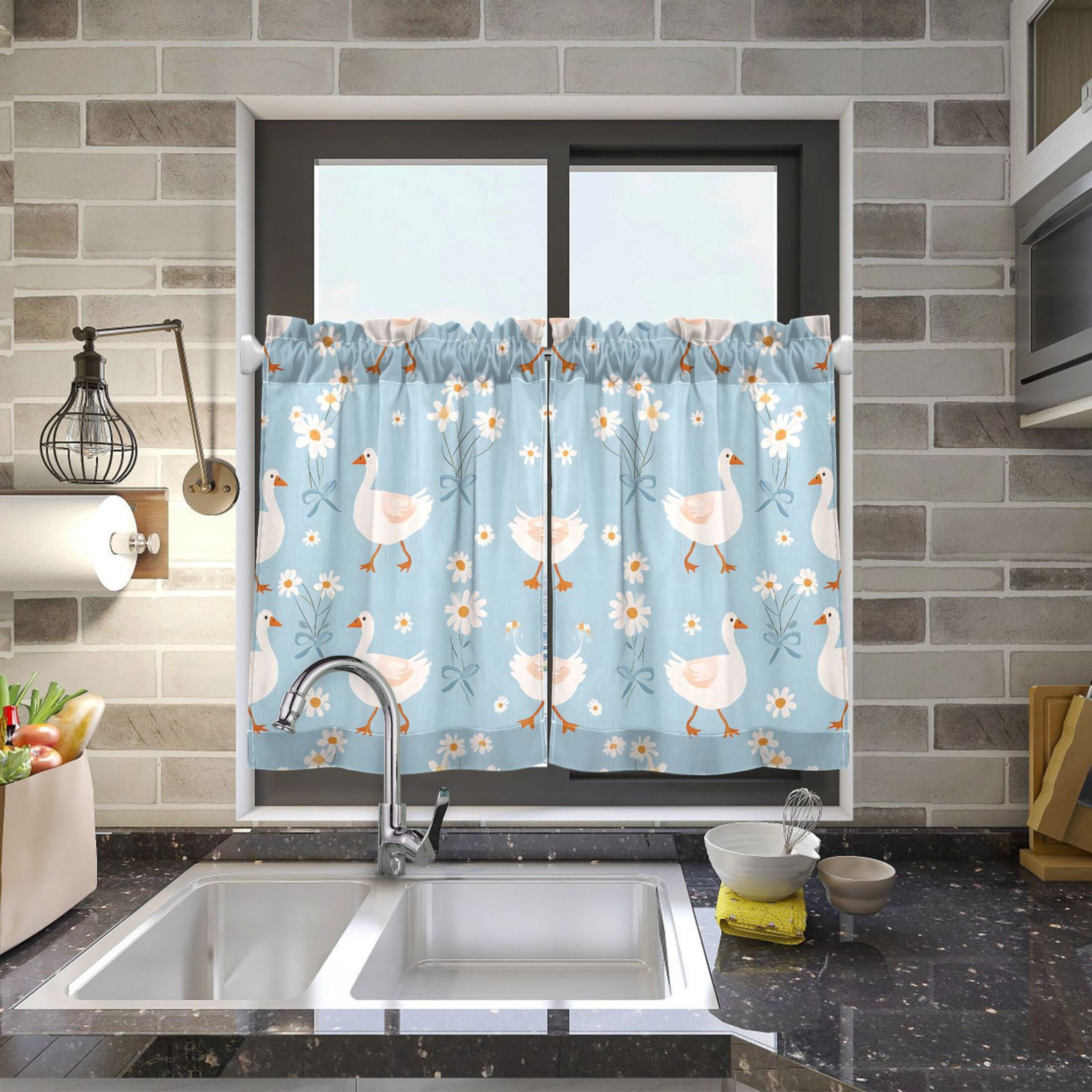 Linen Kitchen Curtains Geese Daisy Pattern Tier Curtains Tier Kitchen Living Room Bedroom Balcony 2 Panels 27x36 Inch