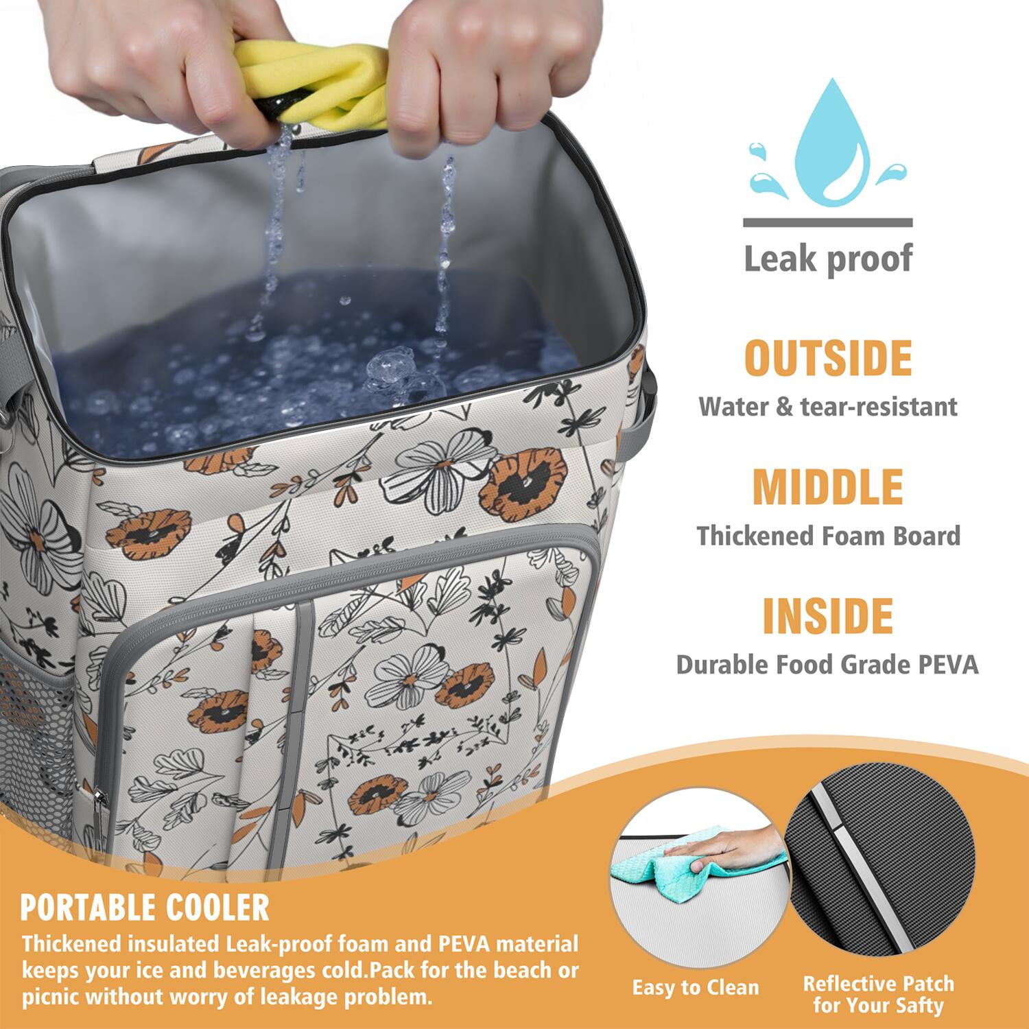 Travel Cooler Bag - Pioneer Flower Floral Print Pattern Camping Beer Cooler Backpack with Bottle Opener- Waterproof Insulated Picnic Backpacks - Cooler Bag for Beach