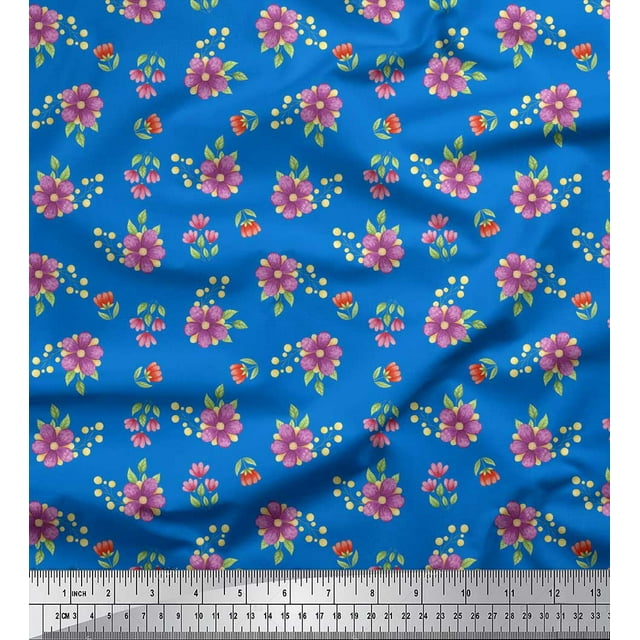 Soimoi Poly Georgette Fabric Leaves & Periwinkle Floral Printed Craft Fabric by the Yard 42 Inch Wide