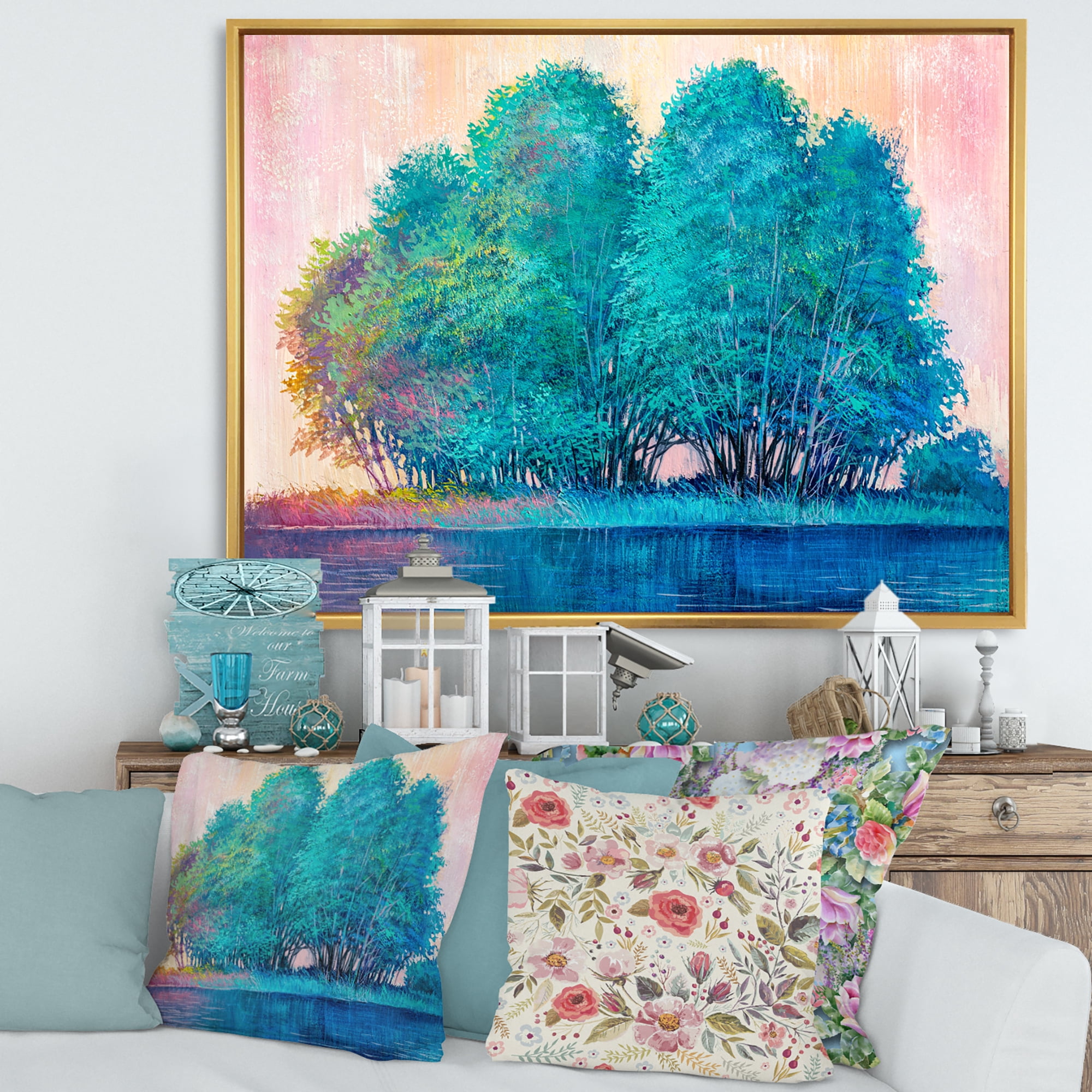 Designart 'Blue Coloured Tree Impression By Lakeside' Lake House Framed Canvas Wall Art Print