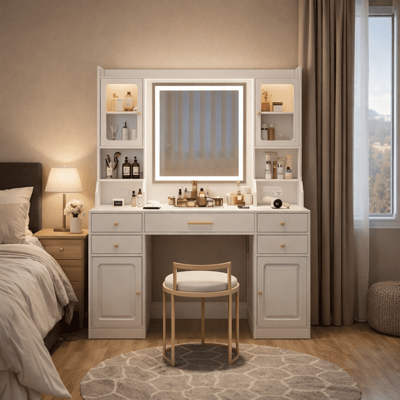 Large Vanity Table Set Makeup Vanity Dressing Table with Mirror, 6 Drawers & Shelves, Dresser Desk