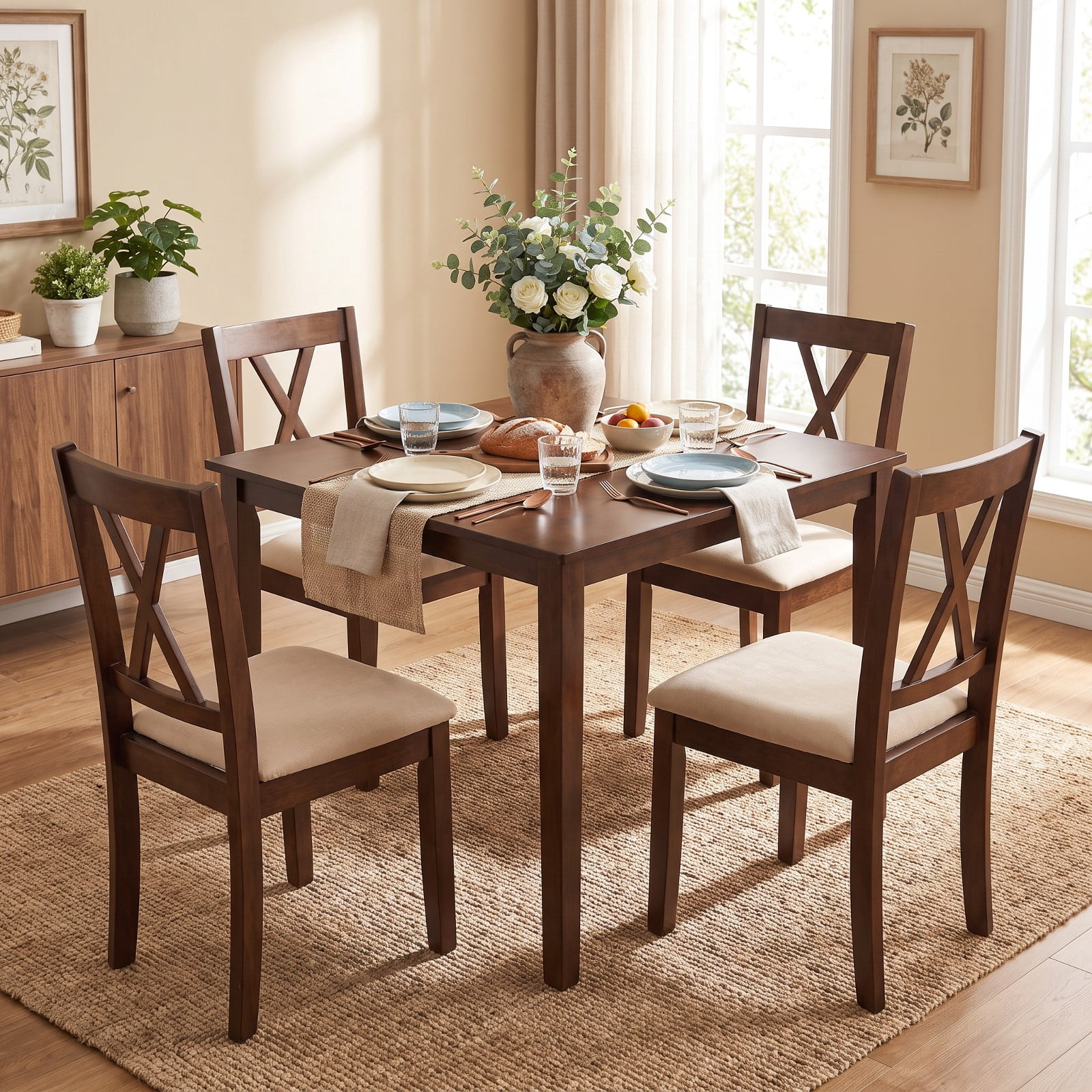 Furnibear Farmhouse Dining Table for 4 People 35 Inches Square Kitchen Table for Kitchen Dining Room Breakfast Nook Small Space Home, Walnut