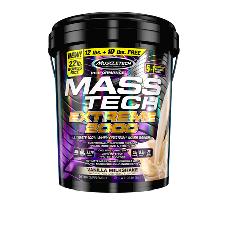 Mass Tech Extreme Mass Gainer Whey Protein Powder, Build Muscle Size & Strength with High-Density Clean Calories, Vanilla Milkshake, 22lbs