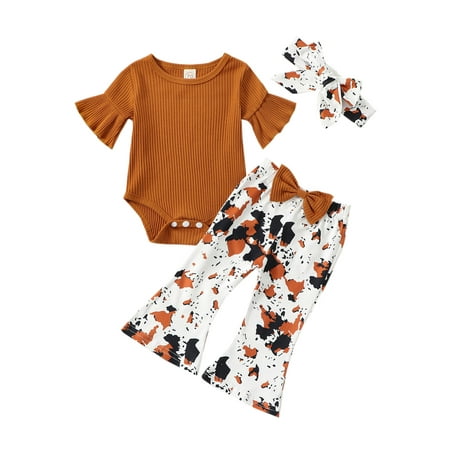 

jaweiwi Baby Toddler Girls Flare Pants Clothes Set 0 3M 6M 12M 18M Short Sleeve Romper with Bowknot Bell-bottoms and Headband 2023 Summer Outfit