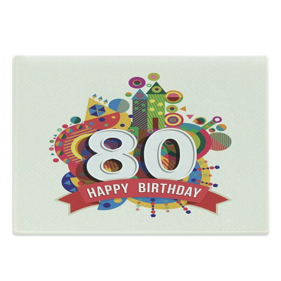 80th Birthday Cutting Board, Happy Party Ribbon Geometrical Castle Boat and Shapes Image Print, Decorative Tempered Glass Cutting and Serving Board, Large Size, Multicolor, by Ambesonne