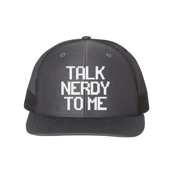 Nerd Hat, Talk Nerdy To Me, Nerd Cap, Trucker Hat, Snapback, Nerd Apparel, Gamer Hat, Computer Nerd, Gift For Nerd, Gaming Cap, White Text, Charcoal/Black