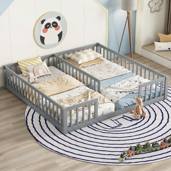 Grey Double Twin Floor Bed without Door & with Fence Guardrails, Sturdy Construction