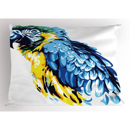 Lr Sham - Animal Pillow Sham Painting Style Parrot Profile Exotic Creature Tropical Nature Theme, Decorative Standard Queen Size Printed Pillowcase, 30 X 20 Inches, Navy Blue Pale Blue Yellow, by Ambesonne