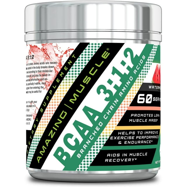 Amazing Muscle BCAA 3-1-2-60 Servings with Enhanced Chain Amino Acids Like L-Leucine, L-Valine, L-Isoleucine and More - Promotes Lean Muscle Mass - Helps to Improve Exercise Performance (Watermelon)