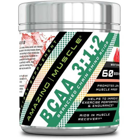 Amazing Muscle BCAA 3-1-2-60 Servings with Enhanced Chain Amino Acids Like L-Leucine, L-Valine, L-Isoleucine and More - Promotes Lean Muscle Mass - Helps to Improve Exercise Performance (Watermelon)