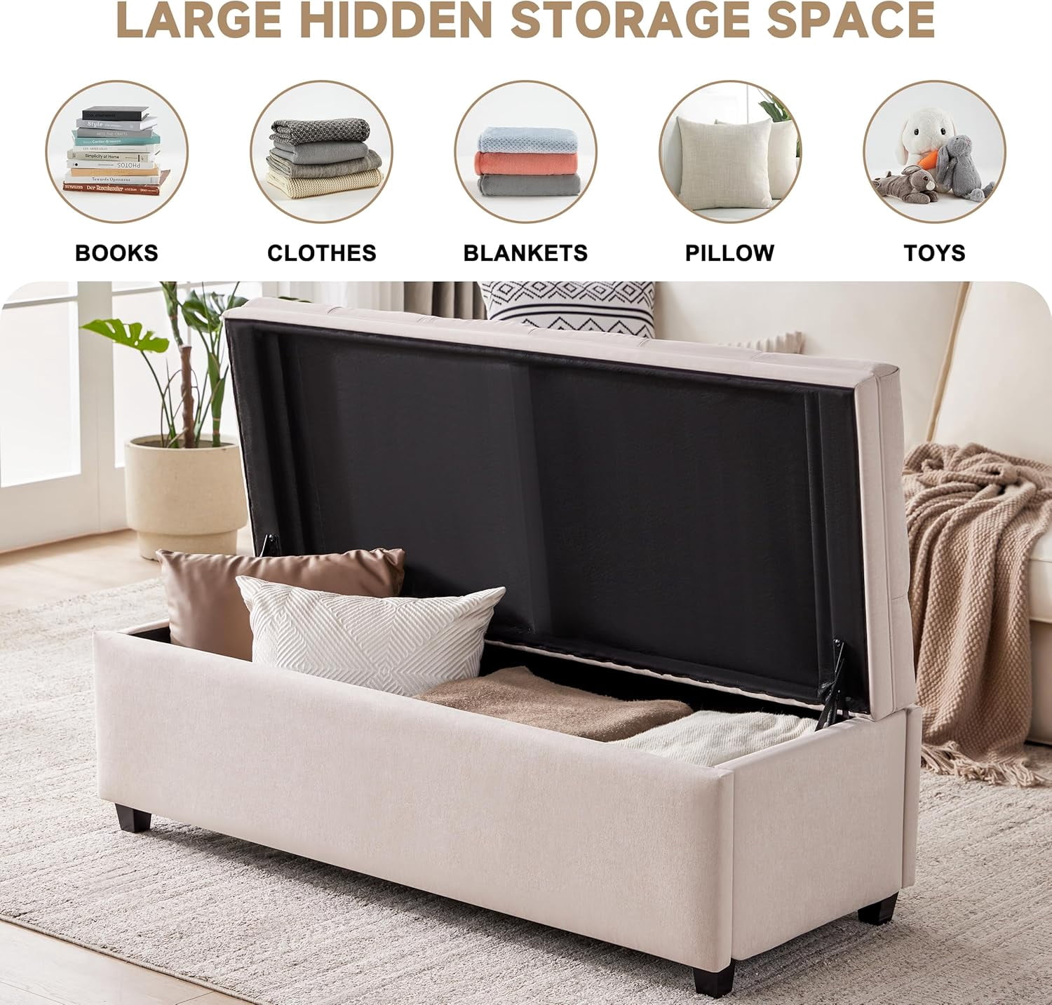 Mangodan 50" Storage Ottoman Bench, Tufted Ottoman With Storage Bench for Living Room, Large End of Bed Bench Ottomans, Modern Entryway Benches, Window & Bedroom Benches for Foot of Bed, Beige