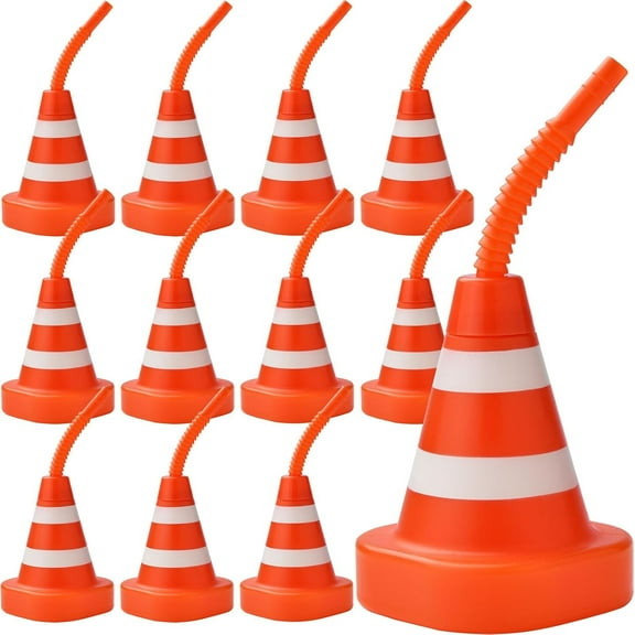 12 Pack Construction Cone Cups with Straws Bulk, Traffic Cones Party Favor 10 oz Plastic Reusable Kids Race Cups Set for Construction Traffic Theme Racing Car Birthday Party Supplies
