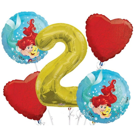 Ariel (Little Mermaid) Balloon Bouquet 5 pc, 2nd Birthday, Gold Number 2 Jumbo Balloon