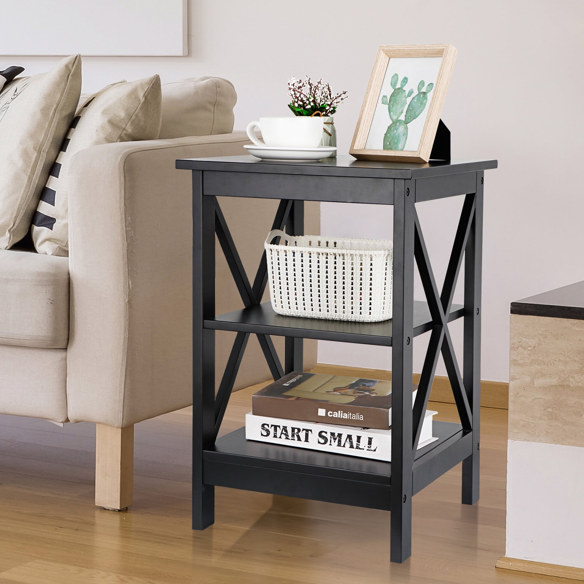 Modern Black Side Table 2 Tier Display Shelf S Shape Decor Furniture New UK 