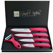 5 Piece Pink Ceramic Knife Set - Kitchen Knife Set - Pink Handles. Includes 3, 4, 5, 6 inch Ceramic Blades, Matching Sheaths and a Matching Vegetable Peeler in a Gift Box