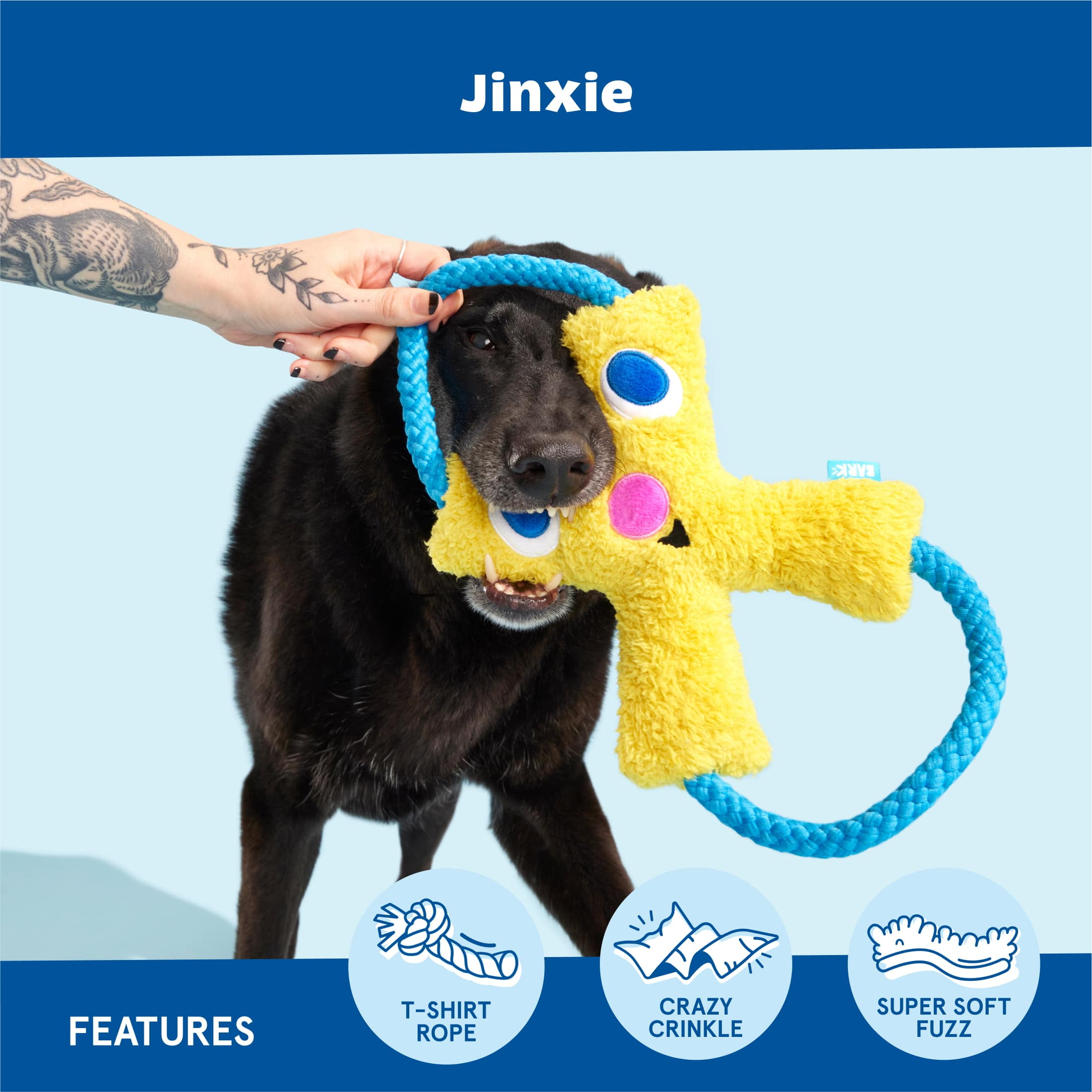 BARK Jinxie Blue Yellow Play Pal Buddy Plush Dog Toy, All Size Dogs