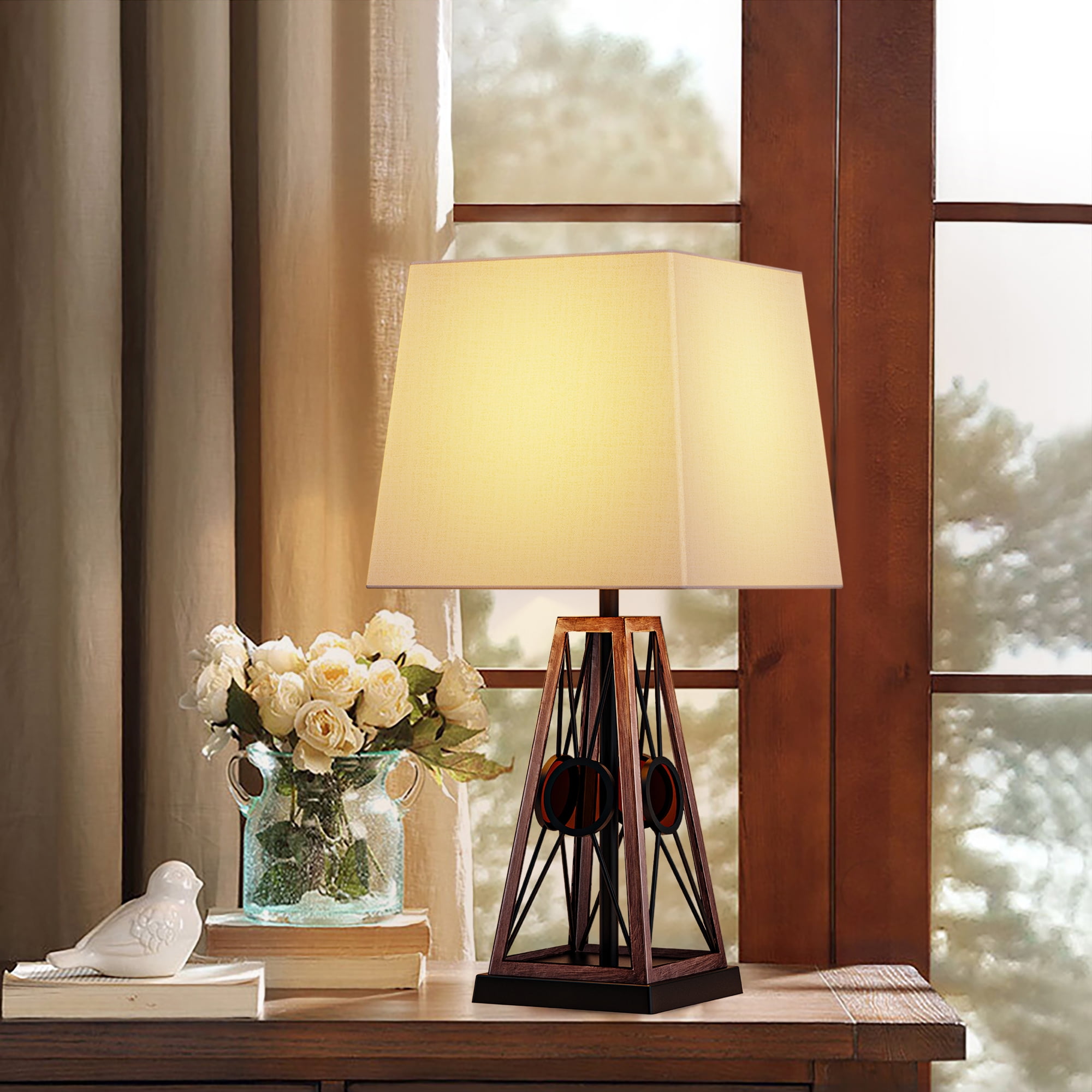 WAMPAT Desk Table Lamp , Farmhouse Rustic Beside Lighting for Bedroom