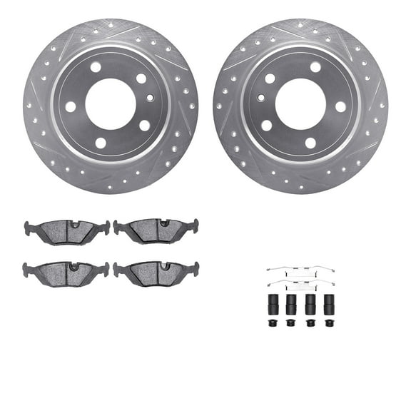 Dynamic Friction Company Rear Brake Rotors-Drilled and Slotted-Silver with 5000 Euro Ceramic Brake Pads includes Hardware 7612-31012