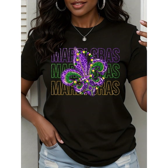 Glitter Fleur De Lis Mardi Gras Women Short Sleeve Graphic T-Shirt