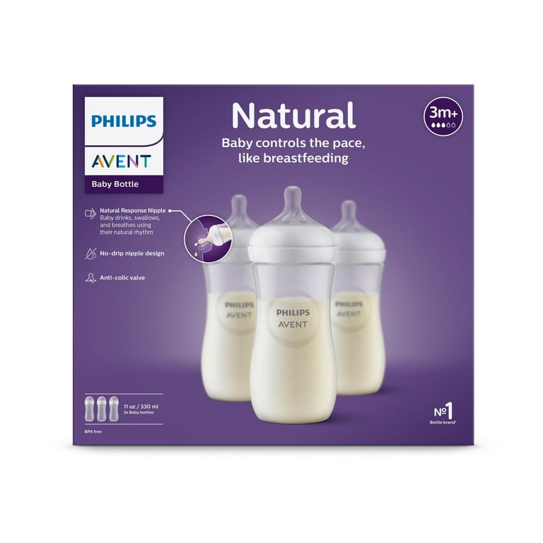 Philips Avent Natural Baby Bottle with Natural Response Nipple, Clear,  11oz, 3pk, SCY906/93 