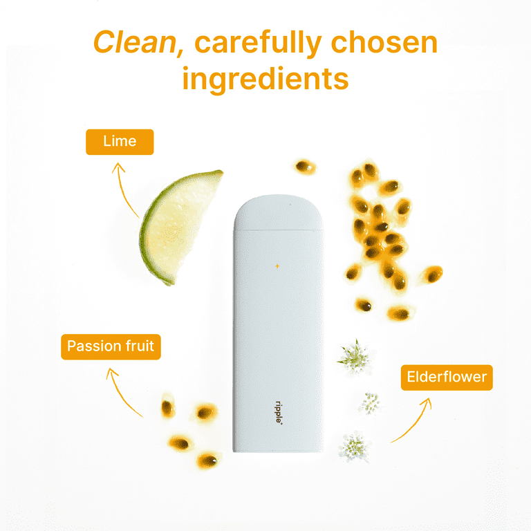 Ripple Passion Fruit Diffuser - 1,000 Puffs, 0% Nicotine, + Elderflower & Lime, 100% Recyclable, Size: 3.5ml Ripple Passion Fruit Diffuser - 1,000 Puffs, 0% Nicotine, + Elderflower & Lime, 100% Recyclable, Size: 3.5ml
