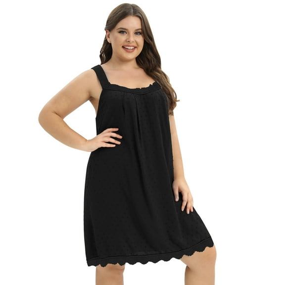Xmarks Oversize Nightgown for Women Sexy Sleepwear Lace Soft Nightdress Camisole Square Neck Sleepshirt Swiss Dots Nightwear Black 2XL