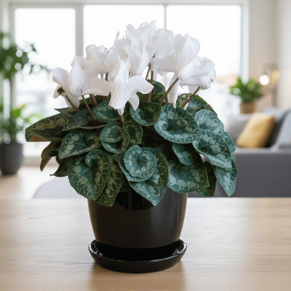 Cyclamen Plant Live, White Flower, Hardy Cyclamen Flowers, 4-7 inches Tall, 4 inch Pot for Indoor Planting