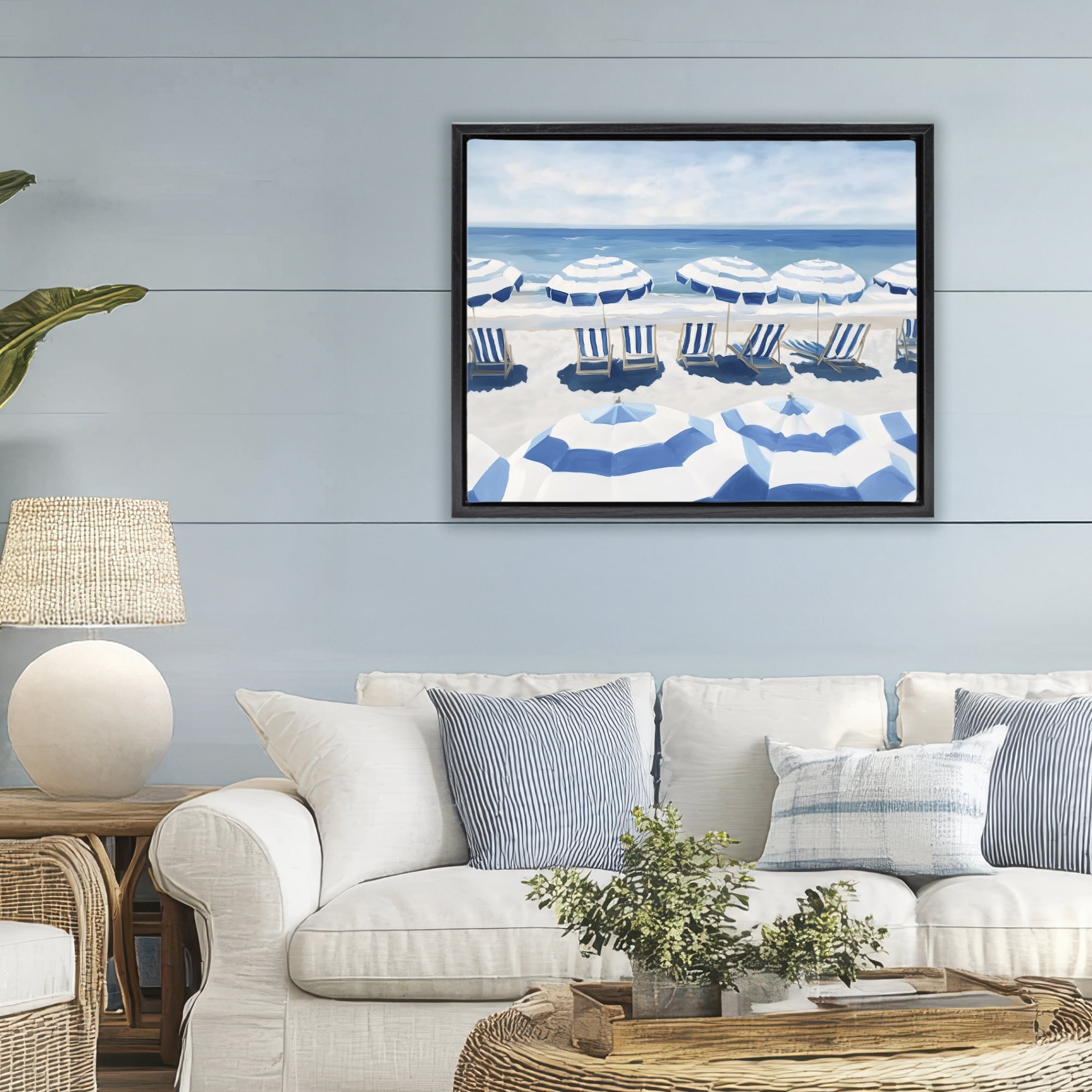 Stupell Industries Beach Nice Blue Striped Umbrellas Black Framed Floater Canvas Wall Art, design by Sisi and Seb