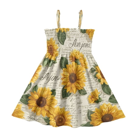 TTYFWHD Toddler Girls Spaghetti Strap Sundress 100% Polyester Summer Casual Dress with Elastic Smocked Top Soft Breathable Beach Dress for Girls 2T-8T Vintage Paper with Sunflowers