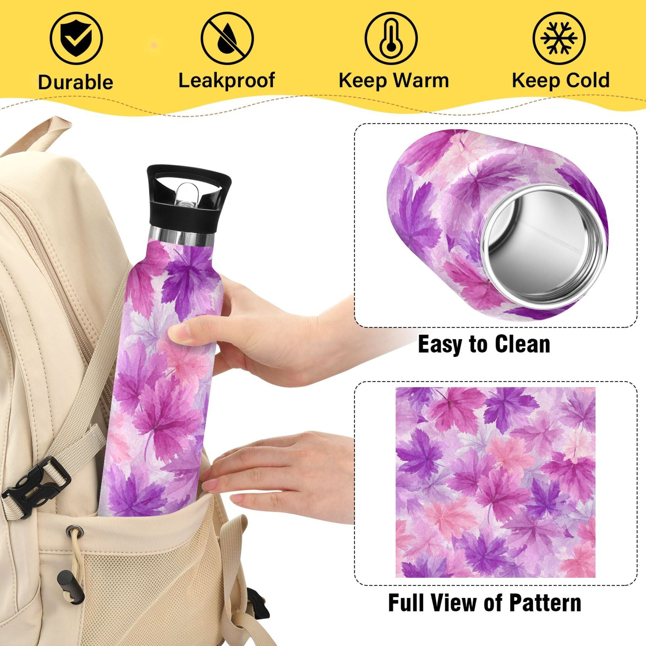 600ML Stainless Steel Insulated Cup Sports Water Bottle Portable Thermos Cup Water Glasses Insulated Tumblers Convenient and Durable Pink Maple Leaves