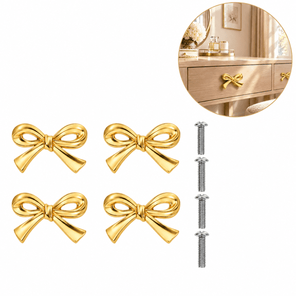 Gold Bow Drawer Knobs, 4 Pack Cabinet Handles for Dresser, Kitchen, Vanity, Closet