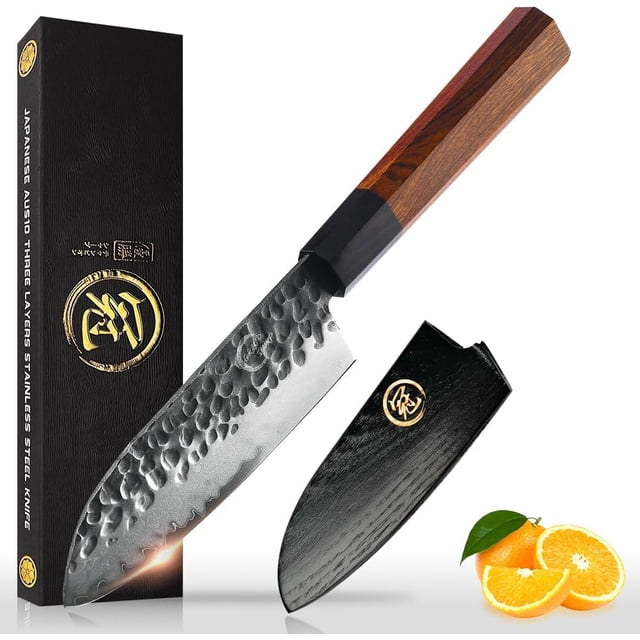GRAND SHARP 5 inch Japanese Santoku Chef Knife, AUS10 3-Layer High Carbon Stainless Steel Kitchen Cooking Knife, Professional Hand Forged Chef's Knives (Rosewood Handle & Gift Box& Sheath)