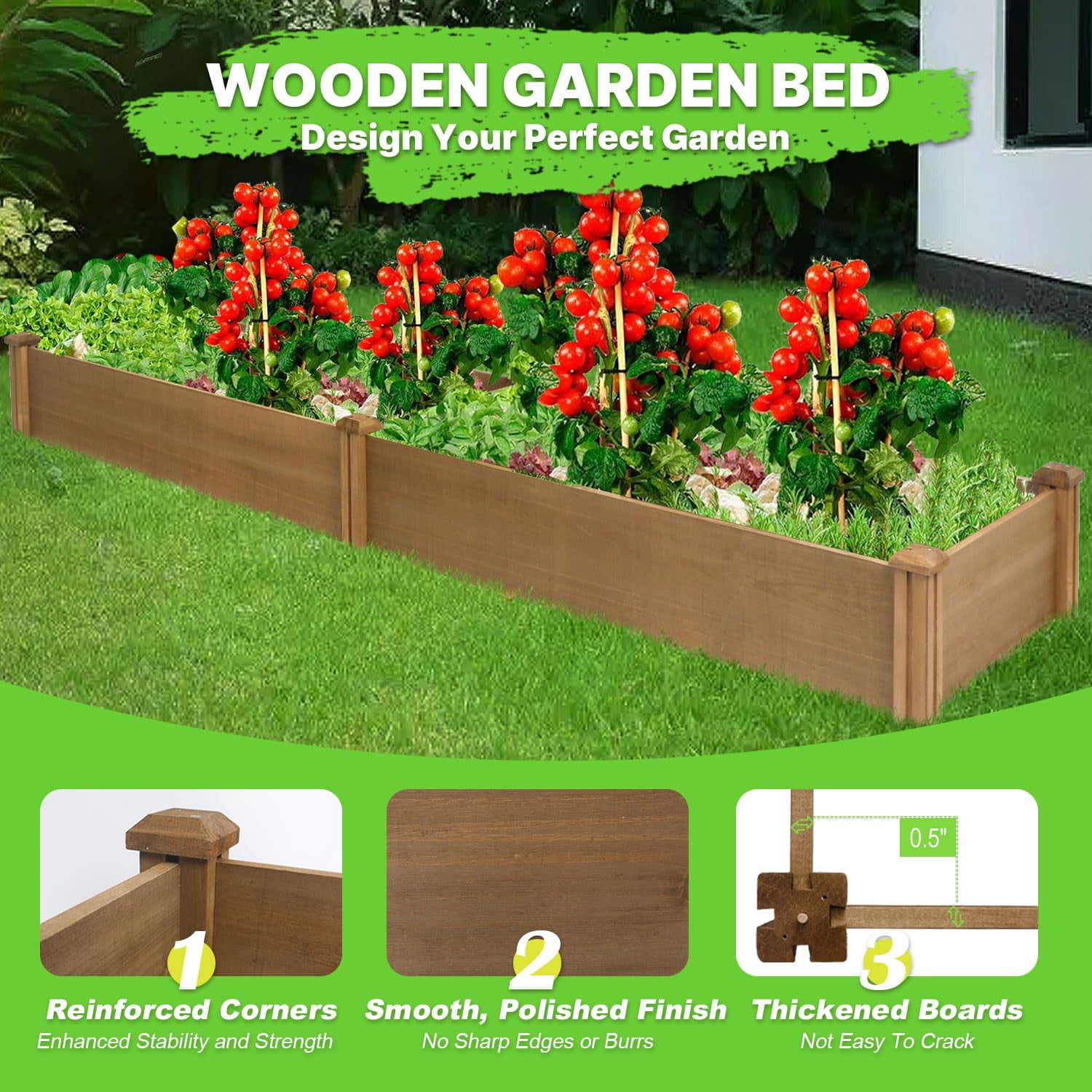 PETSCOSSET Wooden 8x2Ft Raised Garden Bed Planter Box for Outdoor Gardening