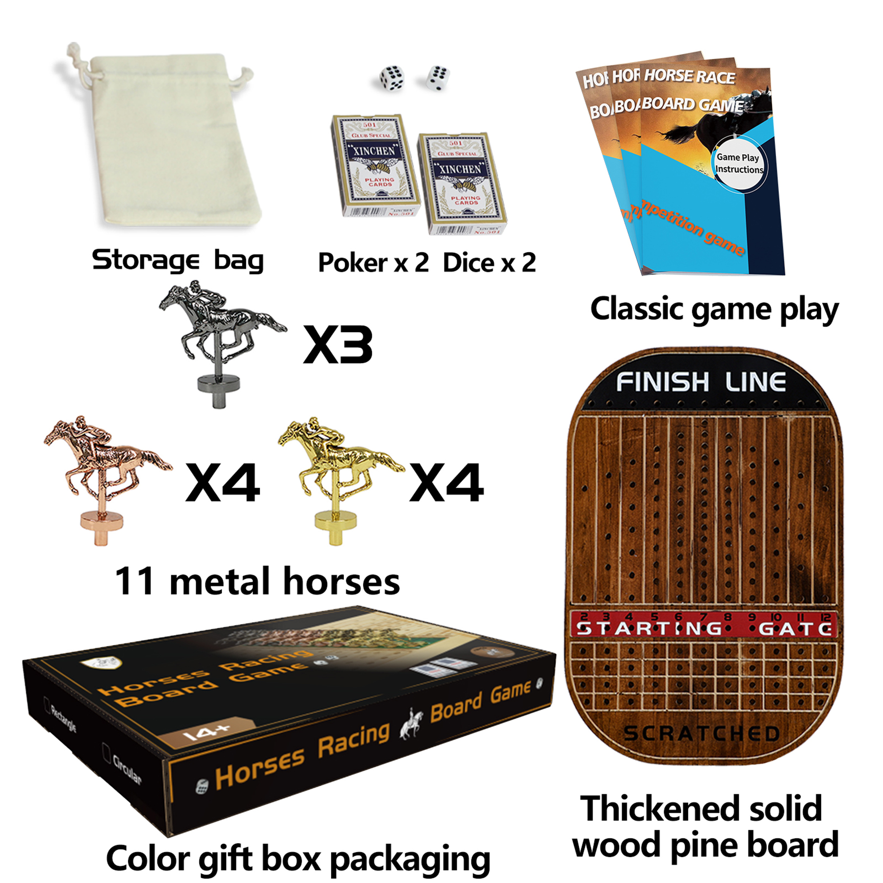 Horse Race Racing Board Game Classic Solid Wood with 11 Metal Horses 16.14 x 11 x 0.6 Inch