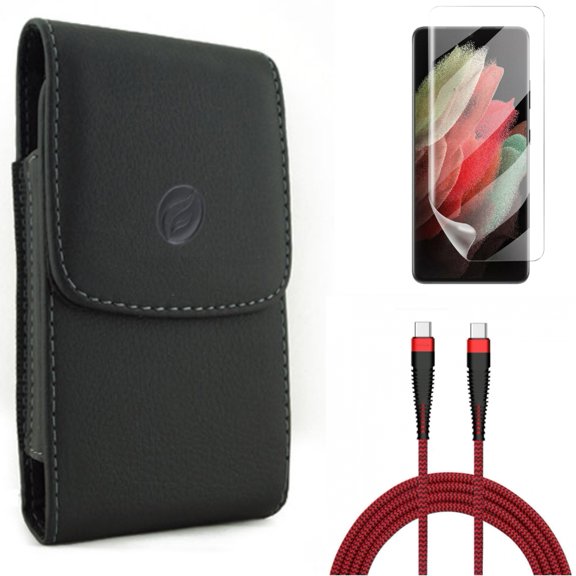 Case Belt Clip & Matte Screen Protector & 10ft PD Cable for Samsung Galaxy S21 Ultra Phone - Leather Holster & TPU Film Anti-Glare & Type-C to USB-C Charger Cord Accessory Bundle