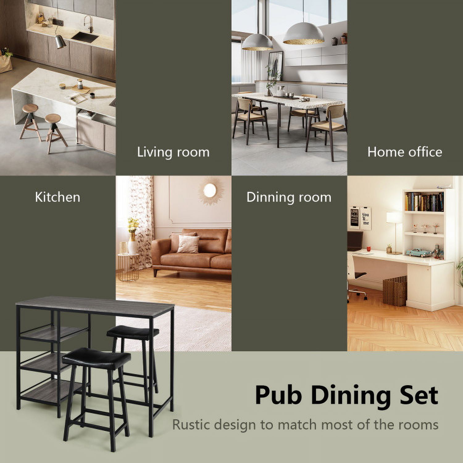 Finihen Dining Set, Dining Table Set, 3 Pieces Counter Height Dining Bar Table Set with 2 Stools and 3 Storage Shelves, for Home, Restaurant, Black Finihen Dining Set, Dining Table Set, 3 Pieces Counter Height Dining Bar Table Set with 2 Stools and 3 Storage Shelves, for Home, Restaurant, Black