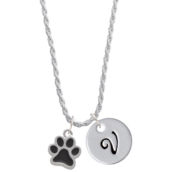 Delight Jewelry Silvertone Medium Black Paw Silvertone Script Initial Disc - V - Charm Necklace, 20"+3"